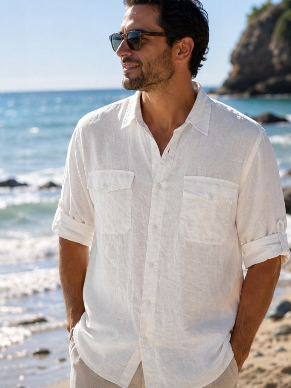 Bruno Mens 3XLB 100% White Linen Button-Down Tab Sleeve Shirt